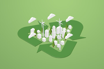 Green city clean energy in recycle symbol environmentally sustainable alternative energy and green energy.