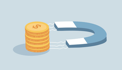 vector illustration in a flat style - a magnet attracts a stack of coins