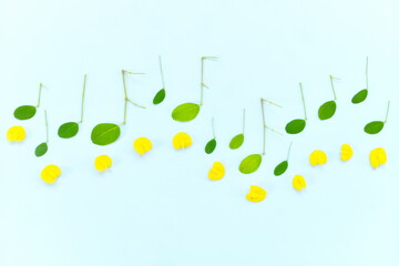 Fresh refreshing spring summer music concept. Creative composition of fresh leaves with bright...