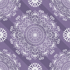 Seamless pattern with lacy white circles with diagonal strips on a pink background. Vector eps 10