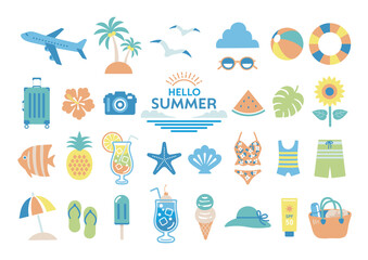 かわいい夏のイラスト素材セット / 夏　海　旅行　アイコン　セット
