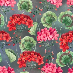  Watercolor seamless pattern of geranium flowers and leaves. Botanical illustration, colorful background for design and decor. © Yuliya