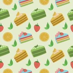 seamless pattern of strawberry, orange, and green tea cakes