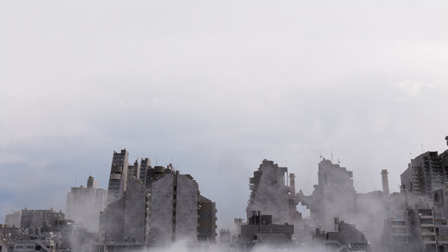 Concrete City Skyline. Soviet Brutalist Buildings against an Overcast Morning Sky.