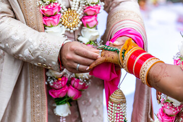 Indian couple's ring exchange hands close up