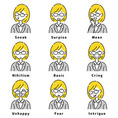 ビジネスウーマン　表情　セット　メガネ