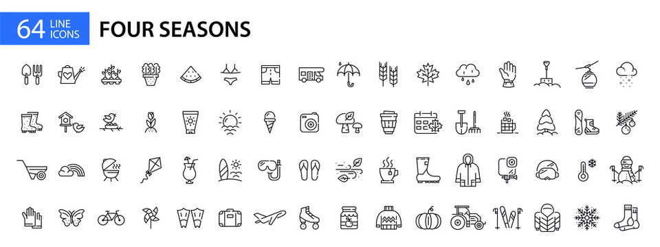 Four seasons icons set. Spring, summer, autumn and winter. Pixel perfect, editable stroke line art icons