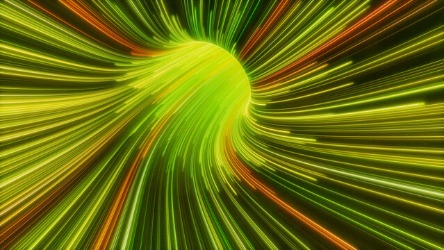 Green, Yellow and Orange Colored Streaks form Colorful Neon Lights Tunnel. 3D Render.