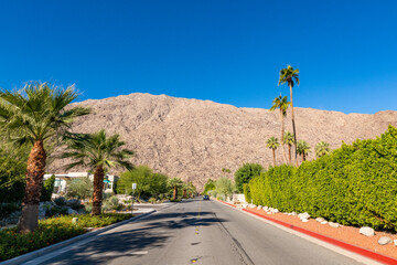 City streets of Palm Springs in the fall on a beautiful blue sky day in downtown. 