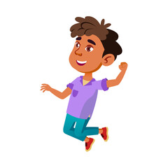 Fototapeta na wymiar Kid Boy Jumping And Celebrating Victory Vector. Hispanic Preteen Child Jumping With Positive Expression, Sport Action On Playground. Character Playful Activity Moving Flat Cartoon Illustration