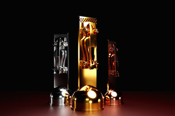 3d illustration of a cup of gold, silver and bronze winners in the form of sports cars on a black background. 3D visualization of an award for sporting achievements in racing