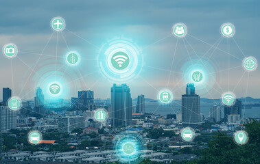 Modern Smart city communication network with graphic showing concept of internet of things (IOT). Virtual Icons of wifi, internet, communication, travel, Technology for smart city.