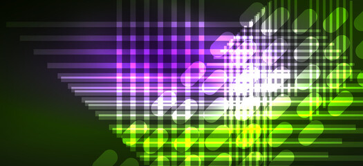 Obraz premium Background neon glowing lines and geometric shapes. Lights in the dark wallpaper for concept of AI technology, blockchain, digital, communication, 5G, science