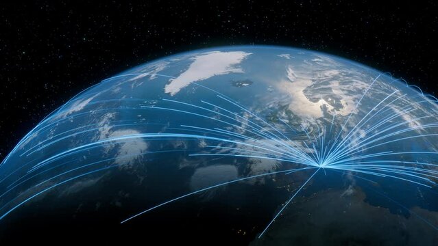 Earth in Space. Blue Lines connect Barcelona, Spain with Cities across the World. Global Travel or Networking Concept.
