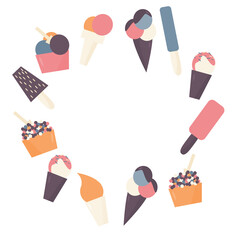 Circle collection with different kinds of ice cream. Vector illustration. Flat design