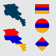 Vector of Armenia country outline silhouette with flag set isolated on white background. Collection of Armenia flag icons with square, circle, rectangle and map shapes.