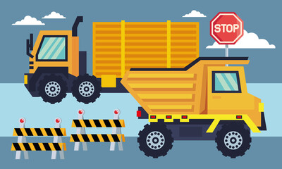 construction stop signal and trucks
