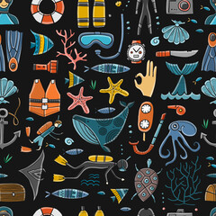 Scuba Diving, underwater activity. Summer vacation, marine life concept. Semless pattern for your design. Black background
