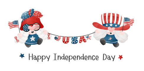 two of 4th of July Gnome Patriotic carrying USA flag garland America Independence day cartoon watercolor illustration vector