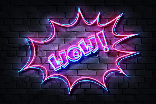 Wow Neon Sign on a dark wall