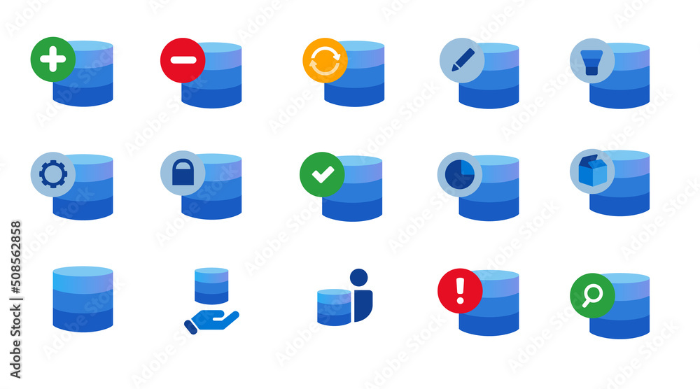Aufkleber database data center technology icon set collection blue isolated