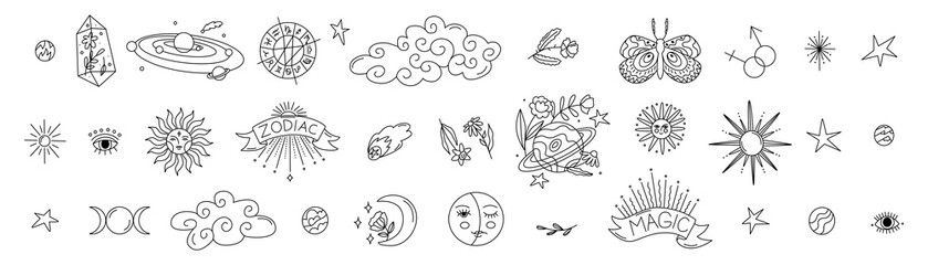 Collection of mystical and astrological icons. Astro tattoo or stickers. Decor for natal chart and horoscopes. Zodiac signs. Big esoteric set. Line art in vector illustration. Isolated elements.