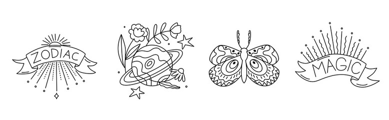 Collection of mystical and astrological icons. Astro tattoo or stickers. Decor for natal chart and horoscopes. Esoteric set. Line art in vector illustration. Isolated elements.