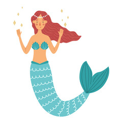Cute mermaid with red hair. Cartoon girl siren. Vector illustration for kids. Idea for print on children items and design