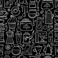 Coffee doodles, seamless pattern for your design. French press, cup of coffee, latte, cappuchino, espresso, grinder, pots, coffee beans, sweets