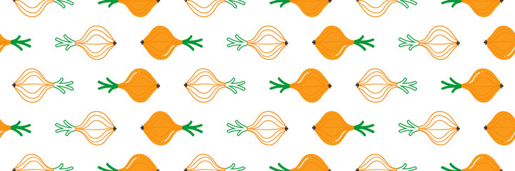 Wide horizontal vector seamless pattern background with cute cartoon style onion, onion bulb vegetables with green leaves.
