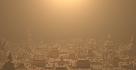 Dystopian Desert Cyberpunk City with Foggy Haze