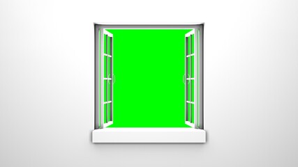 White window with green chroma key.
3d rendering illustration.