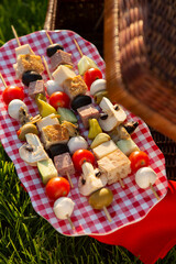 Picnic Basket with Antipasto Skewers on Red Gingham Checkered Plate