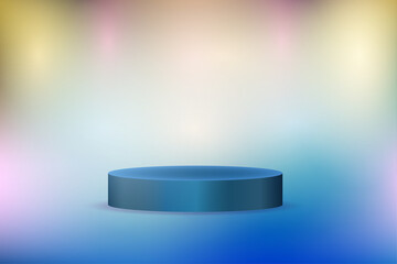 Blue product display podium on multicolored background with pedestal. Empty showcase stand backdrops. 3D rendering.