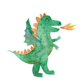 Watercolor cute dragon card. Hand drawn green beast. Fairy tale monster. Cartoon style of illustration. Children fantasy.