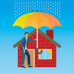 Man protecting house with big umbrella. Insurance and care. Vector illustration.