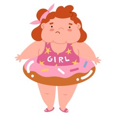 A fat girl on the beach with a life buoy is ashamed of her extra weight. Shame for obesity. Stop children's overeating. Diseases of the gastrointestinal tract. Flat style illustration.