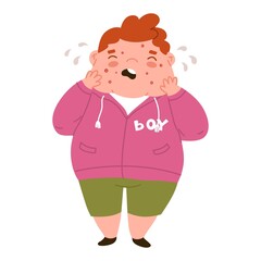 Fat boy is crying because of pimples on her face. Junk food, malnutrition. Diseases of the gastrointestinal tract. Acne, skin problems, puberty. Flat style in vector illustration