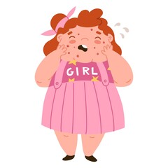 Fat girl is crying because of pimples on her face. Junk food, malnutrition. Diseases of the gastrointestinal tract. Acne, skin problems, puberty. Flat style in vector illustration