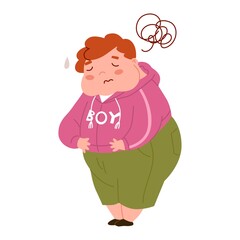 Diseases of the gastrointestinal tract. Sad boy holding her stomach in pain. Shame for obesity. The fat child is suffering. Stop children's overeating. Flat style in vector illustration.