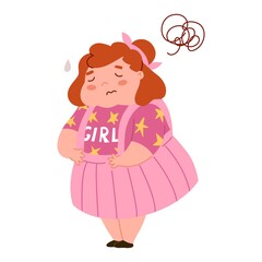 Diseases of the gastrointestinal tract. Sad girl holding her stomach in pain. Shame for obesity. The fat child is suffering. Stop children's overeating. Flat style in vector illustration.