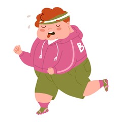 Childhood obesity. Overweight little boy runs for weight loss. Child suffering from hard sports training. Diseases of the gastrointestinal tract. Fat kid. Flat style in Vector illustration.