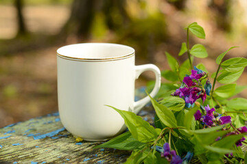 Tea or coffee and flowers bouquet. White tea mug or coffee mug and spring flowers on a wooden table in garden, blurred background, soft focus