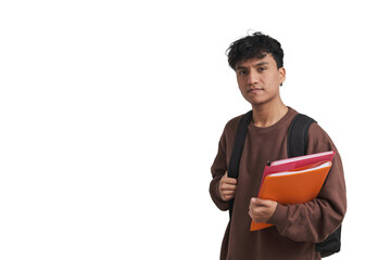 Young peruvian student holding folders and backpack, looking at camera. Isolated over white background.