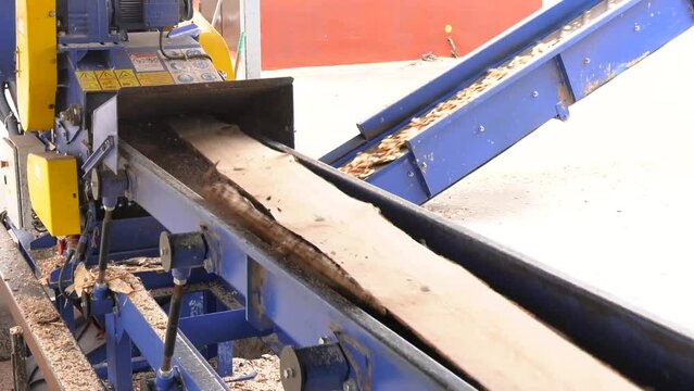 Wood Chipper Machine Filling Back Of Truck With wood chips. Work conveyor of an industrial wood shredder producing wood chips from roots in shredding machine the construction site