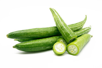 whole and slices fresh Snake gourd isolated on white background. front view