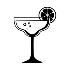 Cocktail with umbrella and olive in classic glass. Black and white vector icon isolated on white. Glyph is symbol of an alcoholic beverage