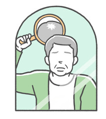 合わせ鏡をして頭頂部の薄毛に悩む中年男性