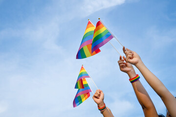 diversity people hands raising colorful lgbtq rainbow flags in the parade, background blue...