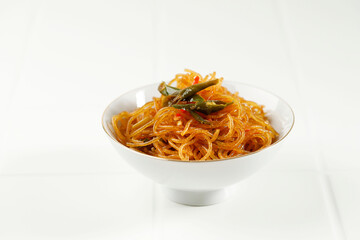 Spicy Fried Glass Noodle or Bihun Goreng Pedas, Stir Fry Vermicelli with Chilli, Garlic, Shallot, and Sweet Soy Sauce.